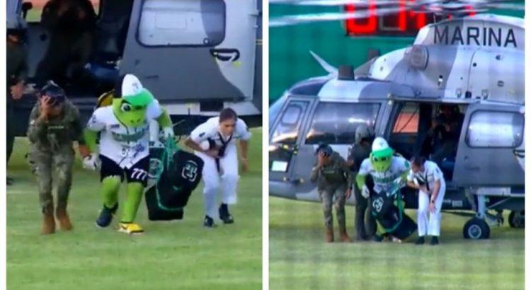 Usan helicóptero de la Marina para trasladar a “Pochi”, mascota del equipo de beisbol Olmecas de Tabasco