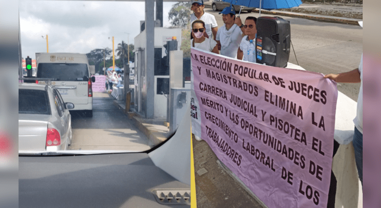 Trabajadores del Poder Judicial protestan en la carretera Villahermosa-Macuspana