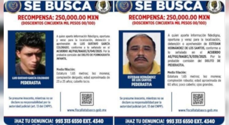 Ofrece FGE Tabasco otro medio millón por personas relacionadas con pornografía infantil